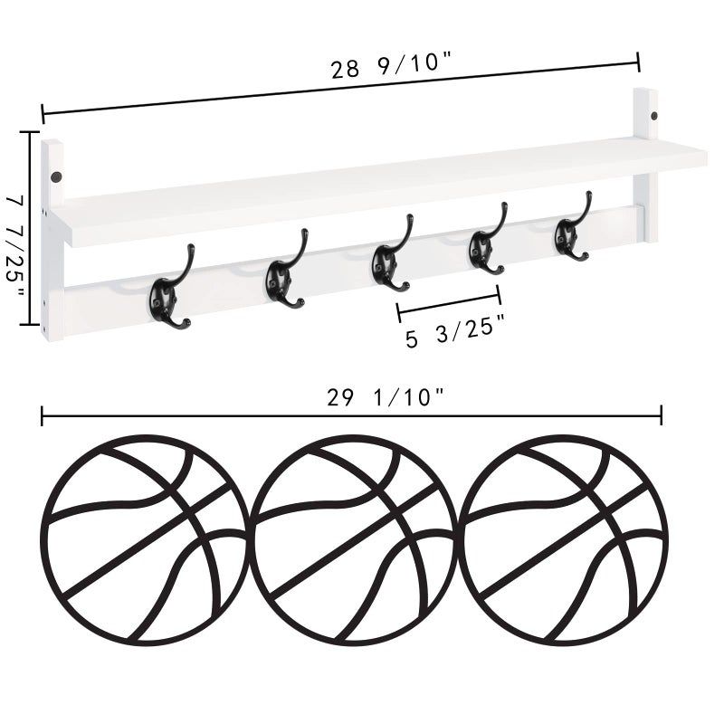 BAMEOS Wall-Mounted Wood Shelf with 5 Dual Hooks for Bathroom, Living Room, Bedroom (White-with Shelf) - Image 5