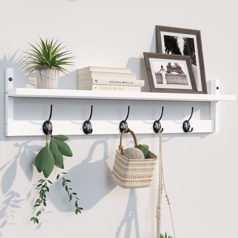 BAMEOS Wall-Mounted Wood Shelf with 5 Dual Hooks for Bathroom, Living Room, Bedroom (White-with Shelf) - Image 1