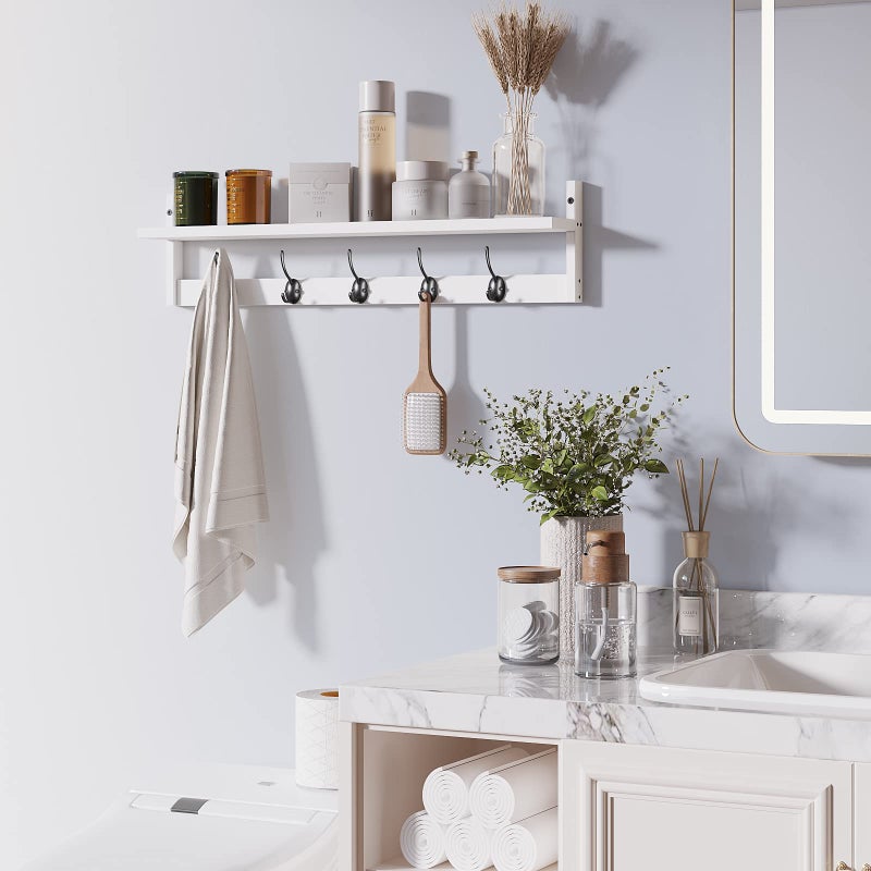 BAMEOS Wall-Mounted Wood Shelf with 5 Dual Hooks for Bathroom, Living Room, Bedroom (White-with Shelf) - Image 3