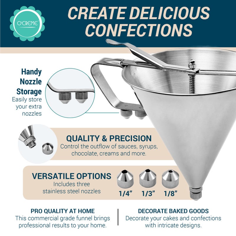 O'Creme Stainless Steel Confectionery Funnel Dispenser with Precision Nozzles â€“ Includes 1/8", 1/4", and 1/3" Tips â€“ Ideal for Chocolate, Sauces, Batter, and Pastry Work - Image 4