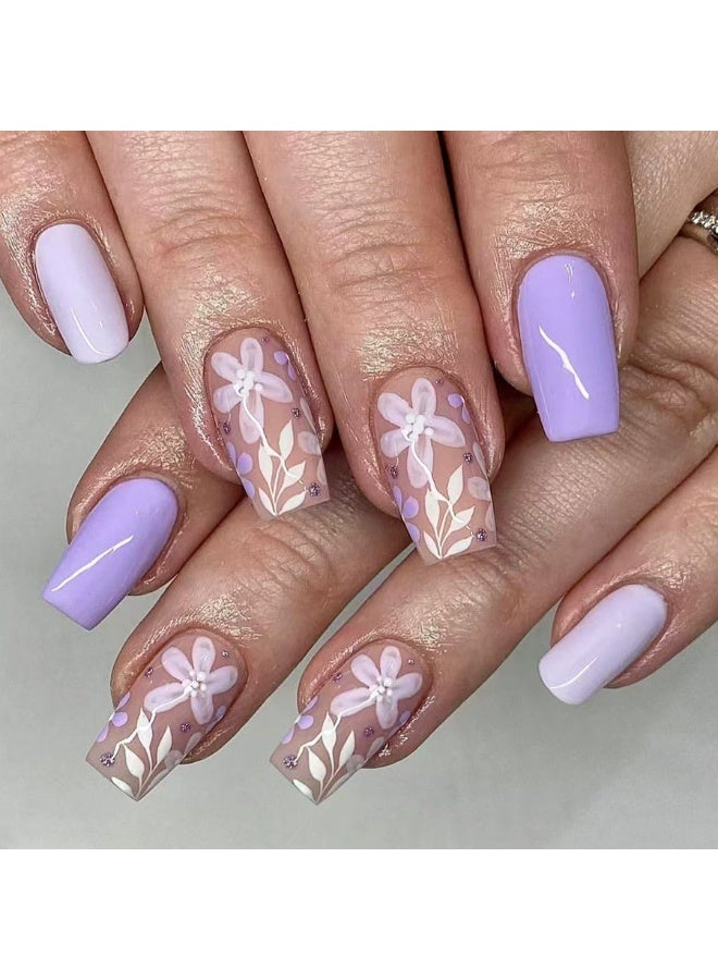 Goolsky Short Ballet Press-on Nails with Light Purple Floral for Spring-Summer Sweetness