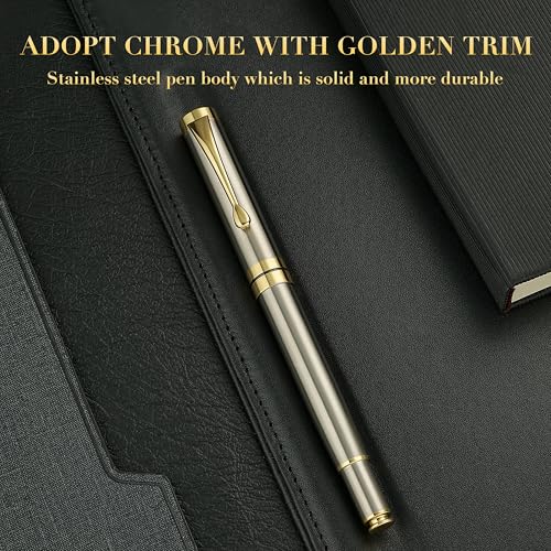 BEILUNER Ballpoint Pens, Stunning Silver Chrome Metal Pen with Golden Trim, Best Ball Pen Gift Set for Men & Women, Professional, Executive, Office, Nice Pens-Gift Box with 0.5mm Extra Black Refill - Image 3