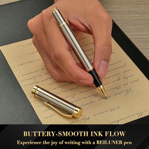 BEILUNER Ballpoint Pens, Stunning Silver Chrome Metal Pen with Golden Trim, Best Ball Pen Gift Set for Men & Women, Professional, Executive, Office, Nice Pens-Gift Box with 0.5mm Extra Black Refill - Image 4