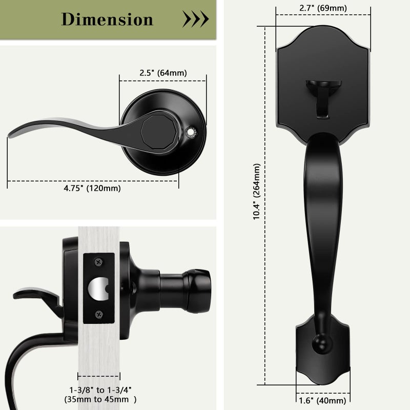 Tinewa Single Cylinder Exterior Handleset, Keyless Front Door Handle With Lever Inside, Low Profile Front Lock Handleset With Halifax Black Finish, Reversible For Right & Left Sided - Image 4