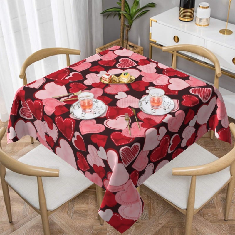 Sphragiyn Valentines Day Tablecloth Square 54Ã—54 Inch Pink Red Hearts Table Cloth Water Resistant Fabric Table Covers for Kitchen Dining Small Tablecloth for Party Home Decor - Image 1