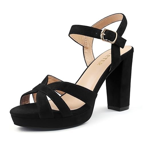 COLETER Women's Platform Chunky Heels Ankle Strap Block Heeled Sandals Party Wedding Shoes Suede Black 8US - Image 1
