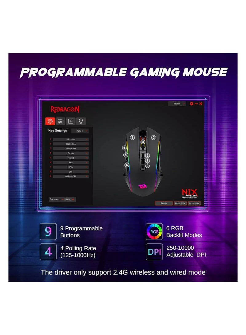 REDRAGON M914 NIX RGB Tri-Mode 2.4G/USB-C/Bluetooth Rechargeable Gaming Mouse – 10,000 DPI - Image 4