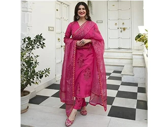 جو سريكي كورتا من غوسريكي النسائي مع بنطال ودوباتا (Garden Pink_4XL-GO_Pink_XXXX-Large)
