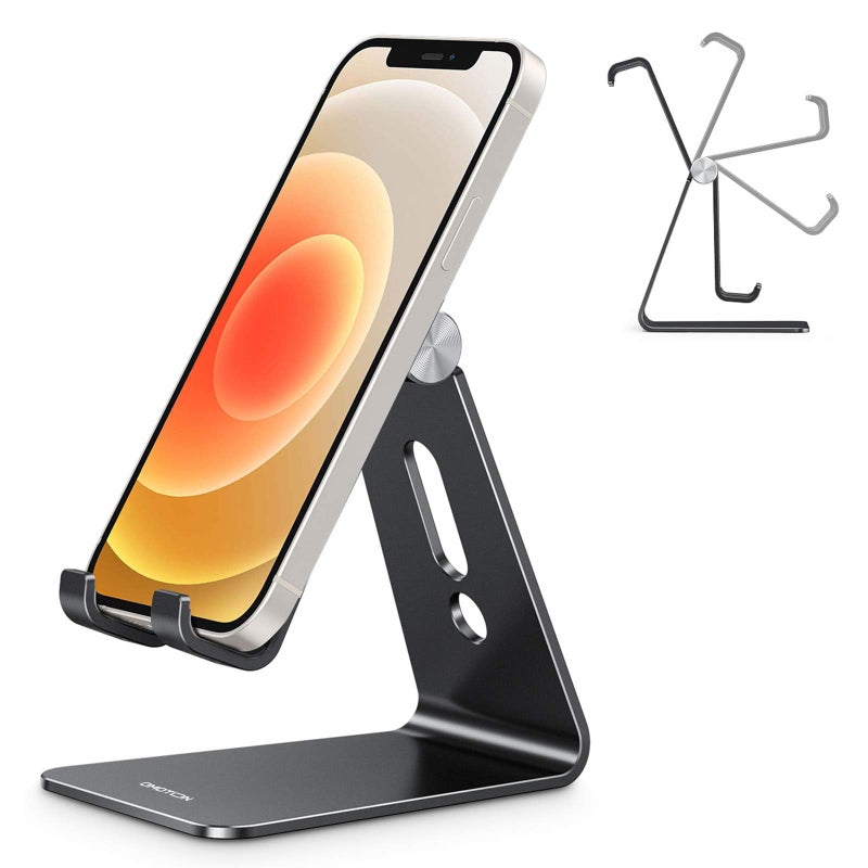 Omoton حامل هاتف محمول قابل للتعديل من OMOTON، حامل هاتف مكتبي من الألمنيوم C2، متوافق مع iPhone 15 14 13 Xs XR 8 Plus 7 6، Samsung Galaxy، Google Pixel، هواتف Android، أسود - Image 1