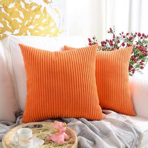 Guffaw,Corduroy Decorative Throw Pillow Covers, Cushion Covers, Premium Cushion Cover Super Soft for Sofa and Bed (2, Orange, 16x16 inches) - Image 1