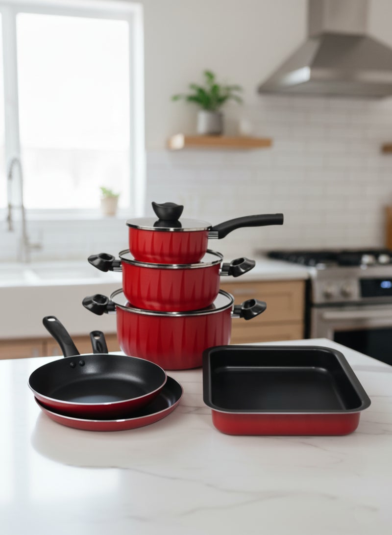 BASURRAH 9 Piece Non-Stick Cookware Set - Modern Design Red with Glass Lid - Image 5