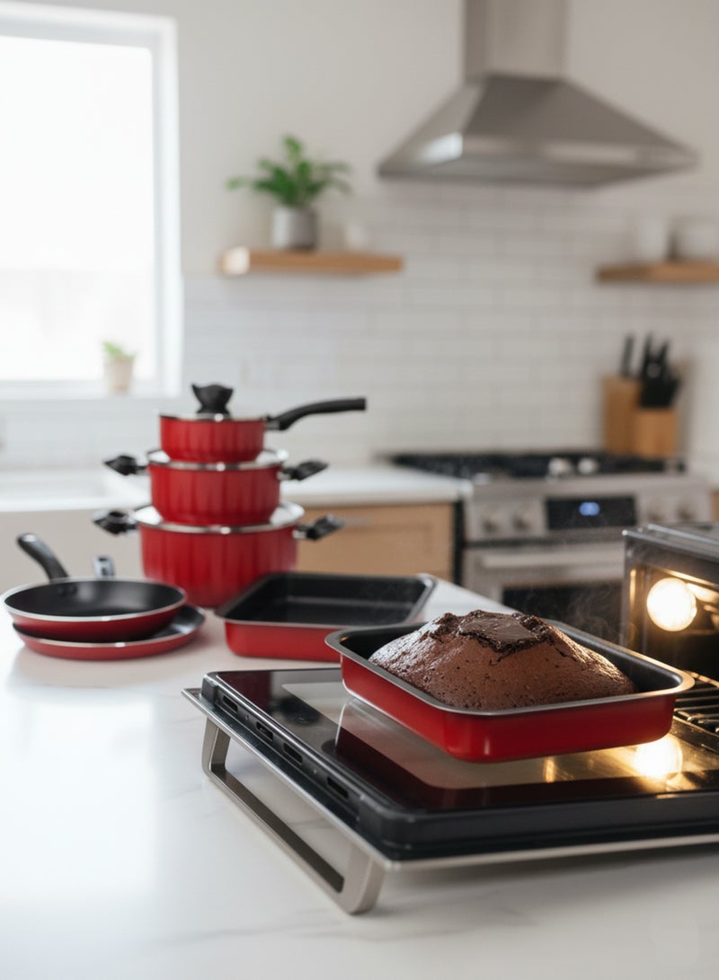 BASURRAH 9 Piece Non-Stick Cookware Set - Modern Design Red with Glass Lid - Image 4