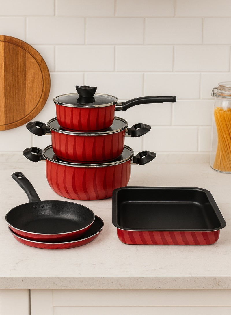 BASURRAH 9 Piece Non-Stick Cookware Set - Modern Design Red with Glass Lid - Image 1