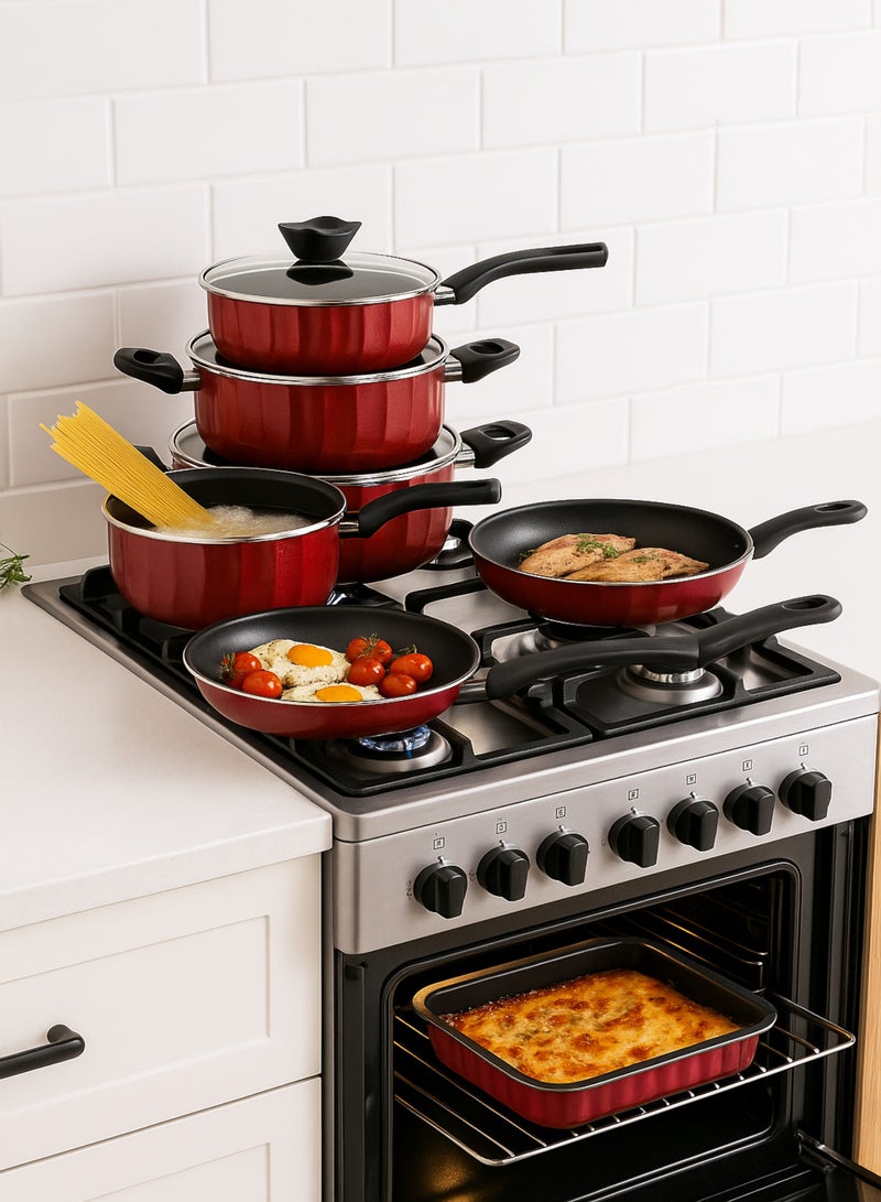 BASURRAH 9 Piece Non-Stick Cookware Set - Modern Design Red with Glass Lid - Image 3