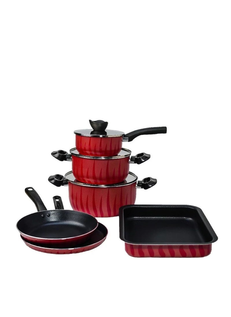 BASURRAH 9 Piece Non-Stick Cookware Set - Modern Design Red with Glass Lid 