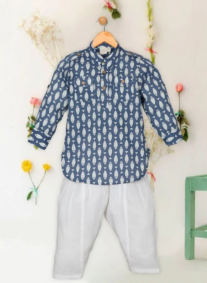 Saka Designs Boys Quirky Printed Kurta & Trouser Set in Blue