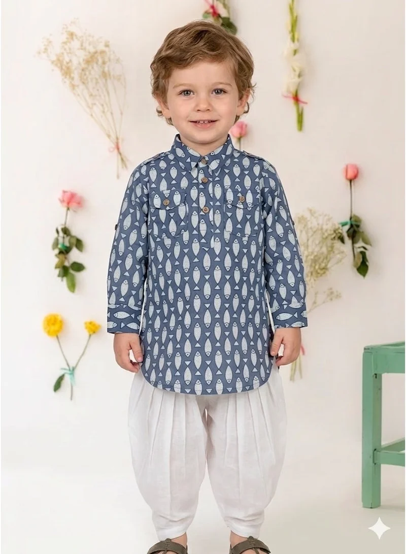 Saka Designs Boys Quirky Printed Kurta & Trouser Set in Blue