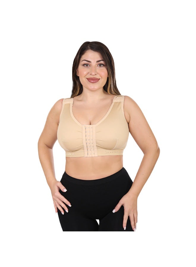 Sedra Shapely Women's medical post-breast surgery bra with front closure and comfortable compression support, beige. - Image 1