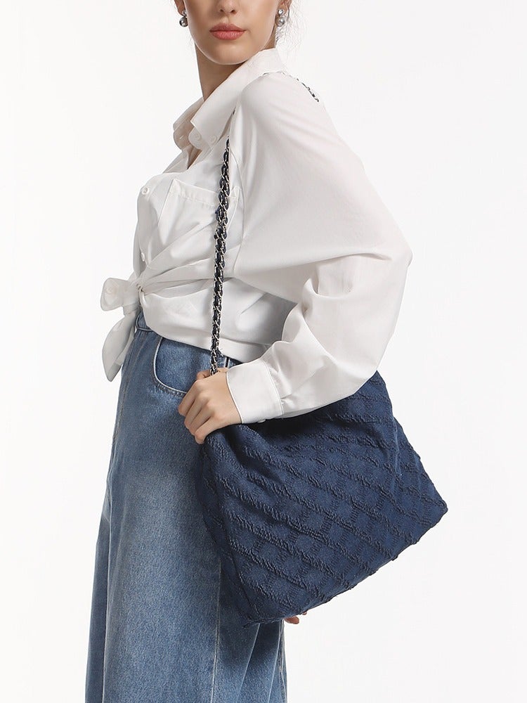 2024 Edging Tassel Denim Bag Personalized Diamond Embroidery Chain Shoulder Bag Large Capacity Casual Tote Bag - Image 4