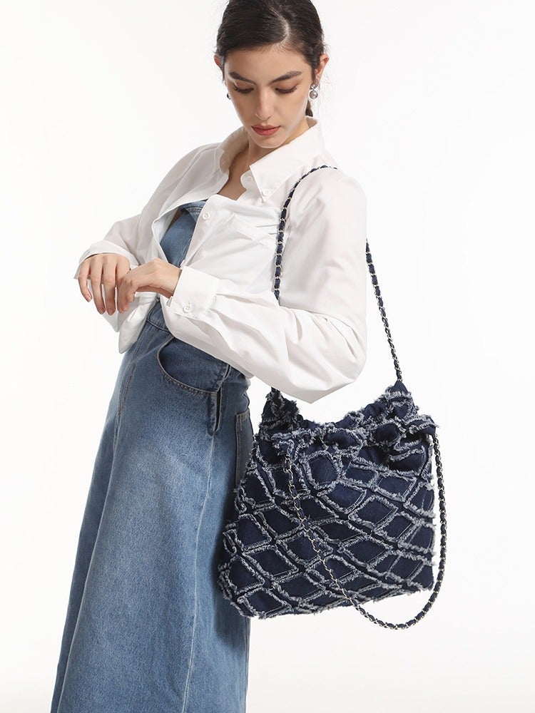 2024 Edging Tassel Denim Bag Personalized Diamond Embroidery Chain Shoulder Bag Large Capacity Casual Tote Bag - Image 3