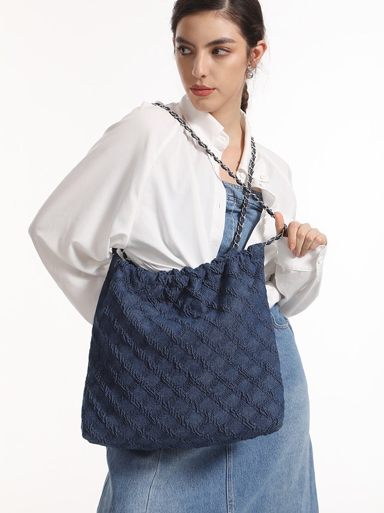 2024 Edging Tassel Denim Bag Personalized Diamond Embroidery Chain Shoulder Bag Large Capacity Casual Tote Bag - Image 2