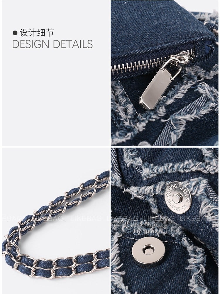 2024 Edging Tassel Denim Bag Personalized Diamond Embroidery Chain Shoulder Bag Large Capacity Casual Tote Bag - Image 5