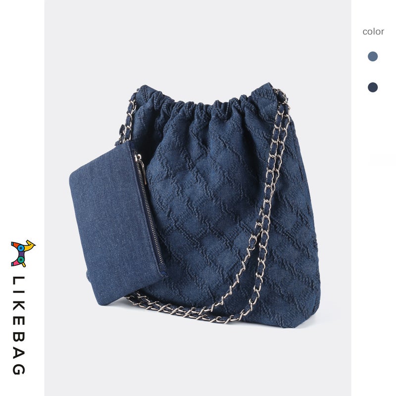 2024 Edging Tassel Denim Bag Personalized Diamond Embroidery Chain Shoulder Bag Large Capacity Casual Tote Bag - Image 1