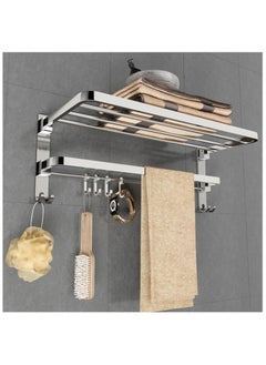 Generic Stainless Steel Bathroom Towel Holder | Folding Towel Rack For Bathroom | Towel Holder For Bathroom | Towel Stand For Bathroom With Shelf  - Image 1