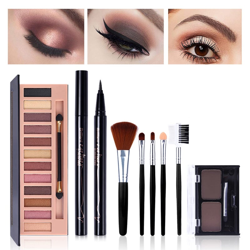 QiBest All in One Makeup Kit,12 Colors Nude Shimmer Eyeshadow Palette, Waterproof Black Eyeliner Pencil, Duo Pressed Eyebrow Powder Kit, 5 Brushes With Quicksand Cosmetic Bag Gift Set - Image 2