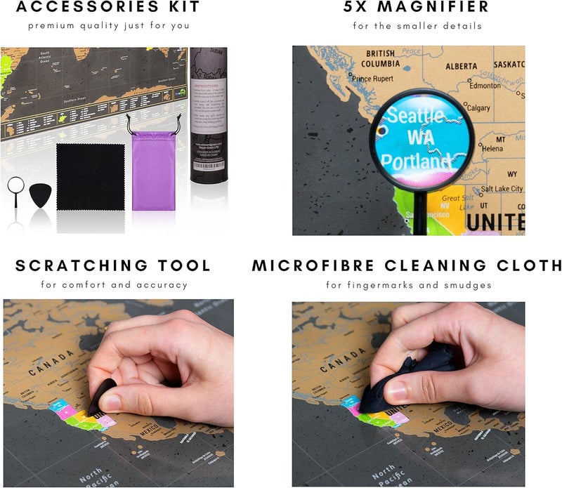 Atlas&Green Scratch Off World Map With U.S States | Large 28 x 17 Inch Where I've Been Poster + Bonus Accessories Kit and Travel Gift Tube - Colored World Map by Atlas&Green - Image 4