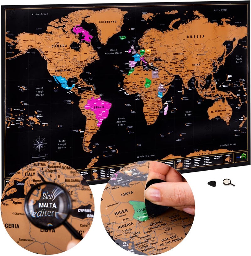 Atlas&Green Scratch Off World Map With U.S States | Large 28 x 17 Inch Where I've Been Poster + Bonus Accessories Kit and Travel Gift Tube - Colored World Map by Atlas&Green - Image 1