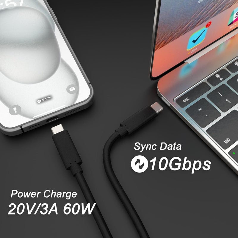 Cablelera USB3.2 Gen2x1 Type-C Charging Cable, USB C Cable, USB-C to USB-C, 10Gbps High Speed Data Transfer, USB PD, 60W Fast Charging. Black, 6 inch - Image 5