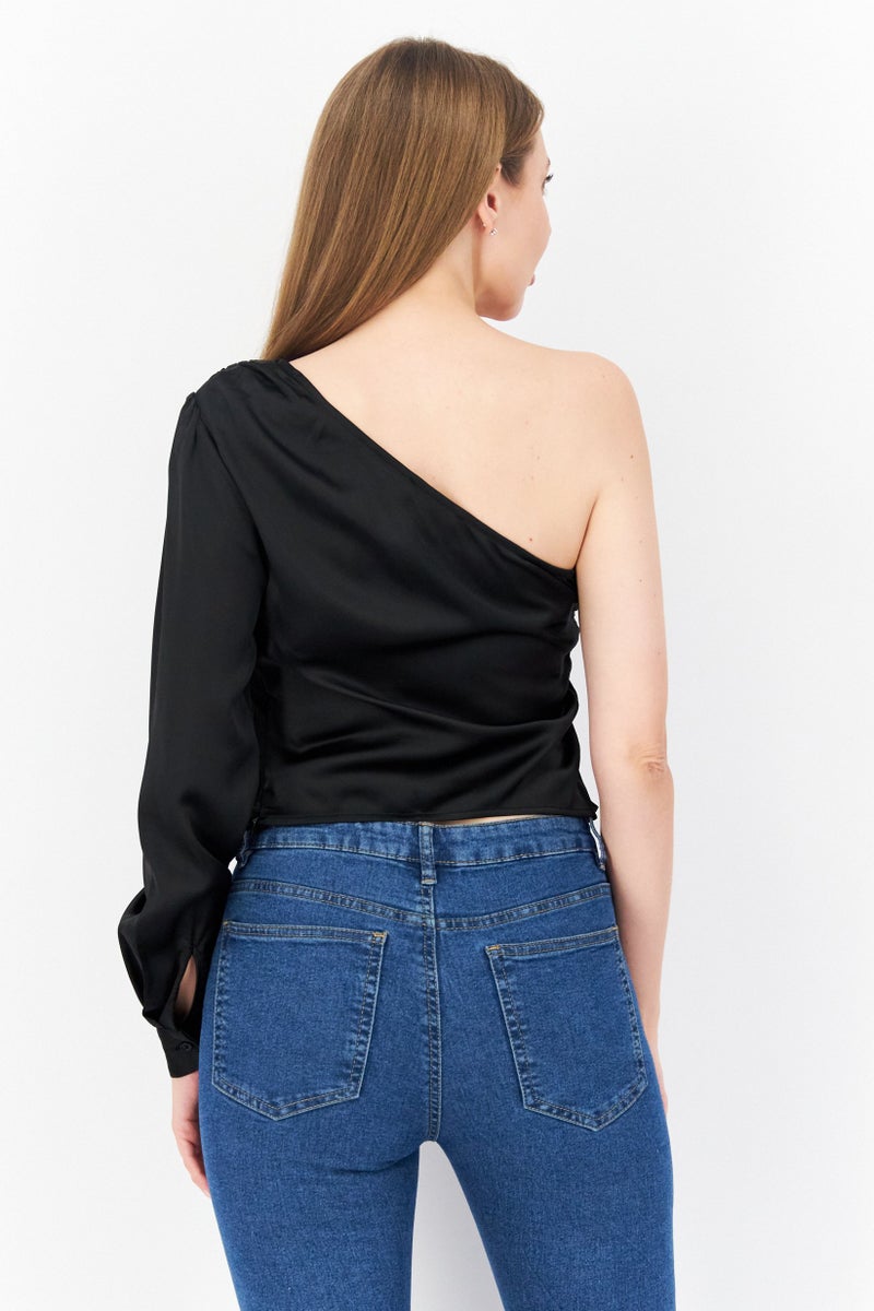 NA-KD بلوزة نسائية ذات ياقة غير متساوية كتف واحد، سوداء - Image 4