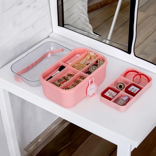 GNEY Cute Pink Jewelry Storage Organizer Box for Girls & Women | Multi-Compartment Plastic Vanity Case with Handle & Lock | Makeup & Accessories Holder with Tray [ Multi Colur ] - Image 5