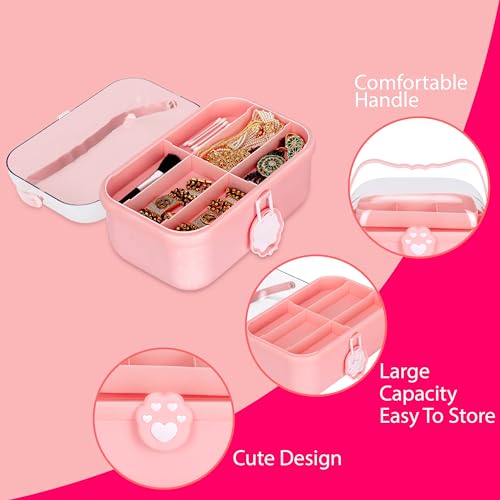 GNEY Cute Pink Jewelry Storage Organizer Box for Girls & Women | Multi-Compartment Plastic Vanity Case with Handle & Lock | Makeup & Accessories Holder with Tray [ Multi Colur ] - Image 4