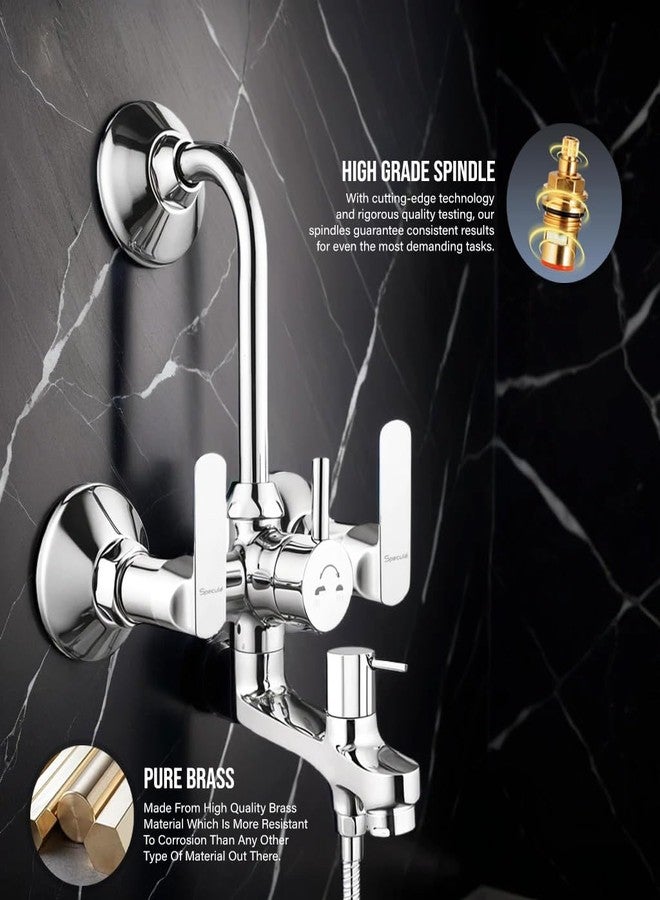 Specule Donald Series 3-in-1 Wall Mixer Tap | Premium Brass Body with Overhead Shower Provision & 190mm Long Bend Pipe | Chrome Finish | Bathroom Wall Mounted Mixer Faucet - Image 2