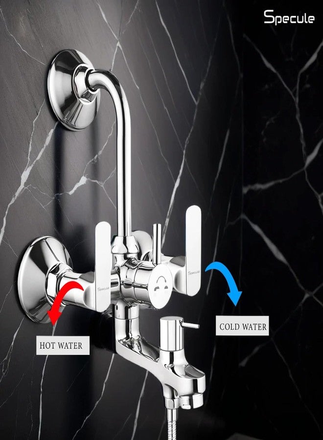 Specule Donald Series 3-in-1 Wall Mixer Tap | Premium Brass Body with Overhead Shower Provision & 190mm Long Bend Pipe | Chrome Finish | Bathroom Wall Mounted Mixer Faucet - Image 3