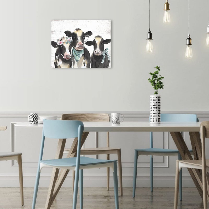 1 KINGO Farmhouse Highland Cow Wall Art: Rustic Milk Cow Picture for Country Kitchen Home Decor Black White Cow Family Poster Canvas Print for Bathroom Bedroom 15x12" - Image 2