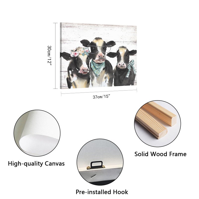1 KINGO Farmhouse Highland Cow Wall Art: Rustic Milk Cow Picture for Country Kitchen Home Decor Black White Cow Family Poster Canvas Print for Bathroom Bedroom 15x12" - Image 3