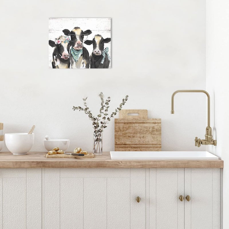 1 KINGO Farmhouse Highland Cow Wall Art: Rustic Milk Cow Picture for Country Kitchen Home Decor Black White Cow Family Poster Canvas Print for Bathroom Bedroom 15x12" - Image 4