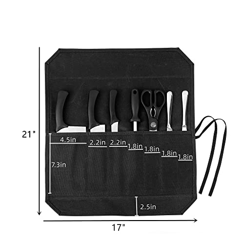 Denifiter Knife Roll, Chef's Knife Roll Bag, Heavy Duty Waxed Canvas Knife Bag With 7 Slots (Black) - Image 2