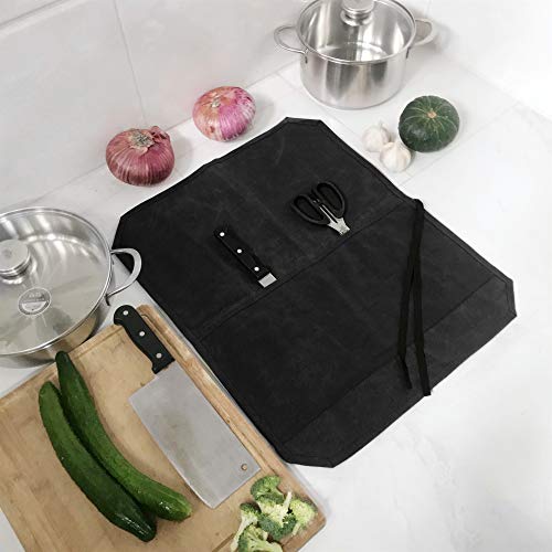 Denifiter Knife Roll, Chef's Knife Roll Bag, Heavy Duty Waxed Canvas Knife Bag With 7 Slots (Black) - Image 4