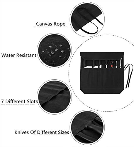 Denifiter Knife Roll, Chef's Knife Roll Bag, Heavy Duty Waxed Canvas Knife Bag With 7 Slots (Black) - Image 3