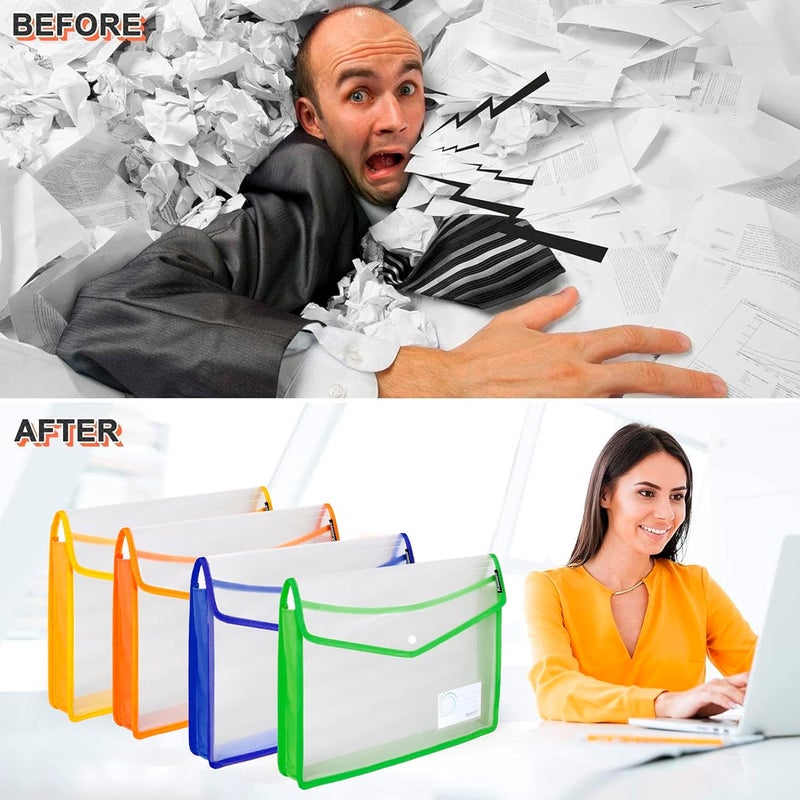 Shuban 4 Pcs Plastic Horizontal File Folder FS Size Poly Envelope Expanding File Document Organizer with Snap Closure & Label Pocket Clear Colored File Pouch for Office Home Storage (Assorted Color) - Image 5