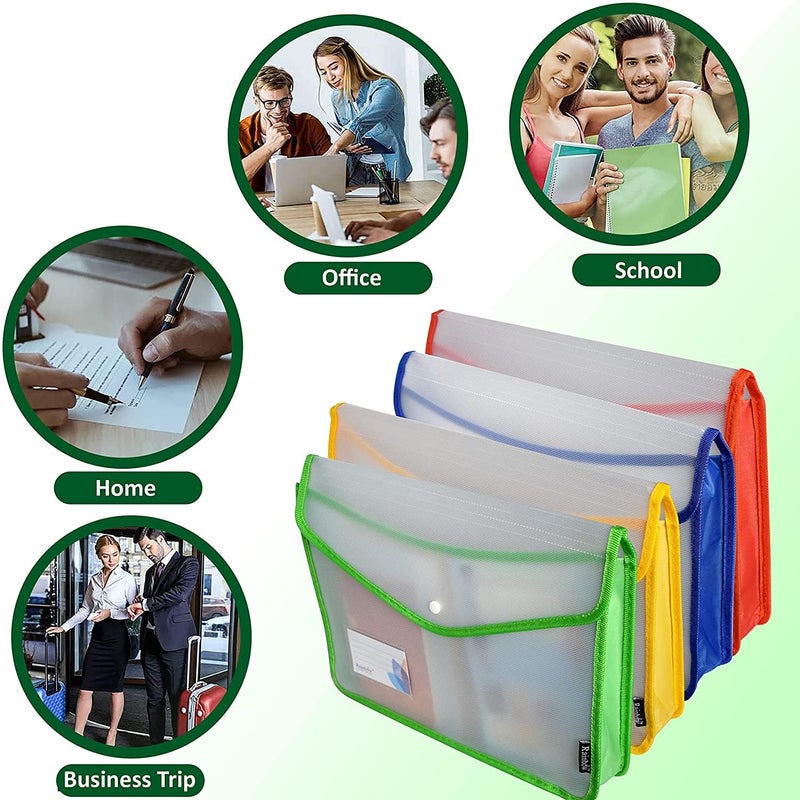 Shuban 4 Pcs Plastic Horizontal File Folder FS Size Poly Envelope Expanding File Document Organizer with Snap Closure & Label Pocket Clear Colored File Pouch for Office Home Storage (Assorted Color) - Image 4