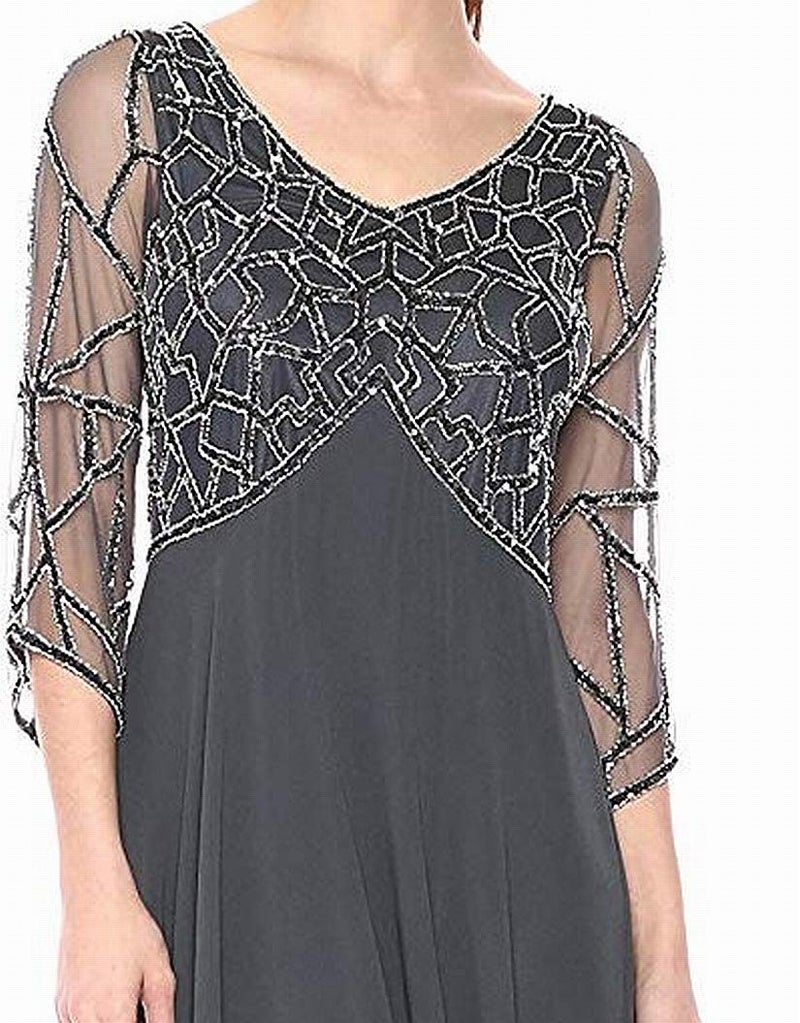 J Kara Women's 3/4 Sleeve Geo Beaded Gown, Gray/Gun/Silver, 16 - Image 4