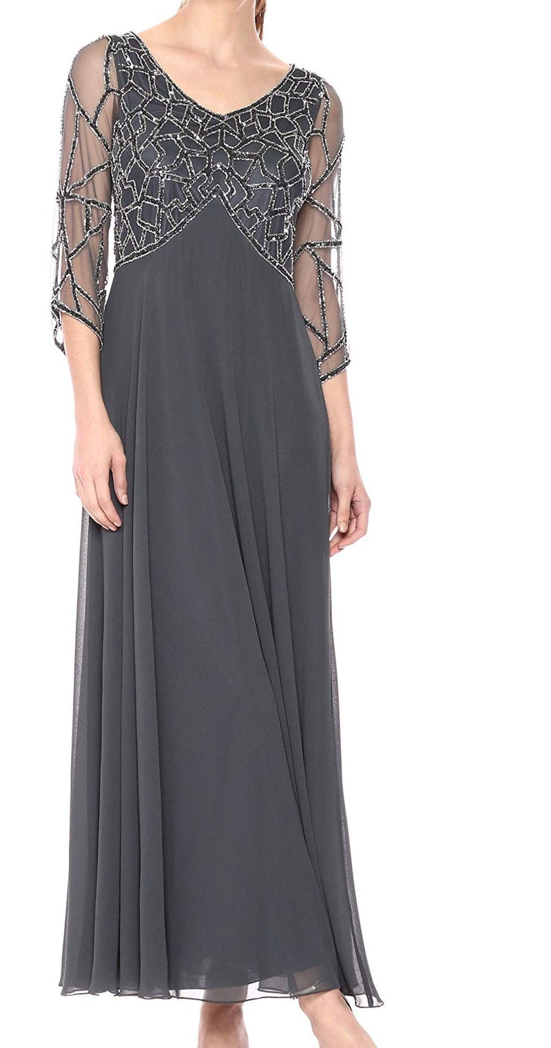 J Kara Women's 3/4 Sleeve Geo Beaded Gown, Gray/Gun/Silver, 16 - Image 1