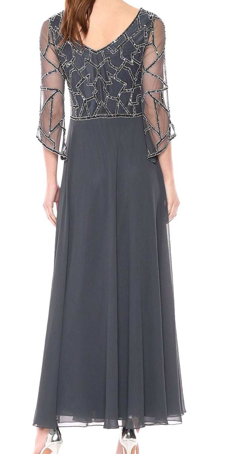 J Kara Women's 3/4 Sleeve Geo Beaded Gown, Gray/Gun/Silver, 16 - Image 3