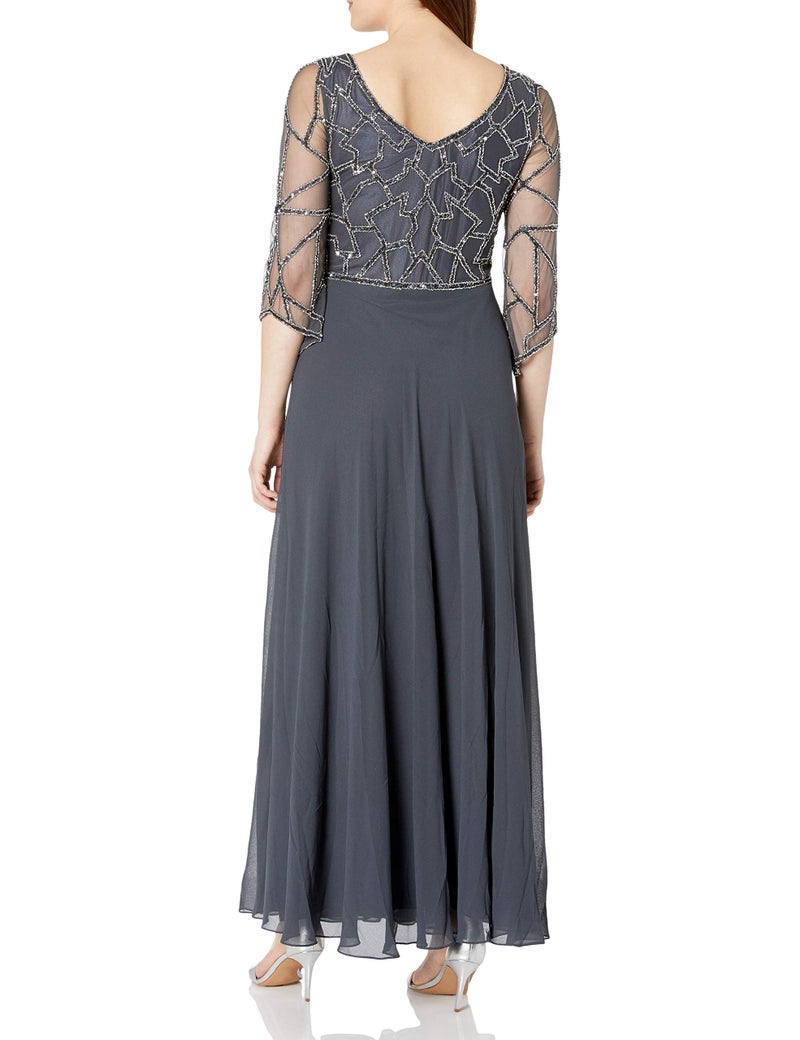 J Kara Women's 3/4 Sleeve Geo Beaded Gown, Gray/Gun/Silver, 16 - Image 2