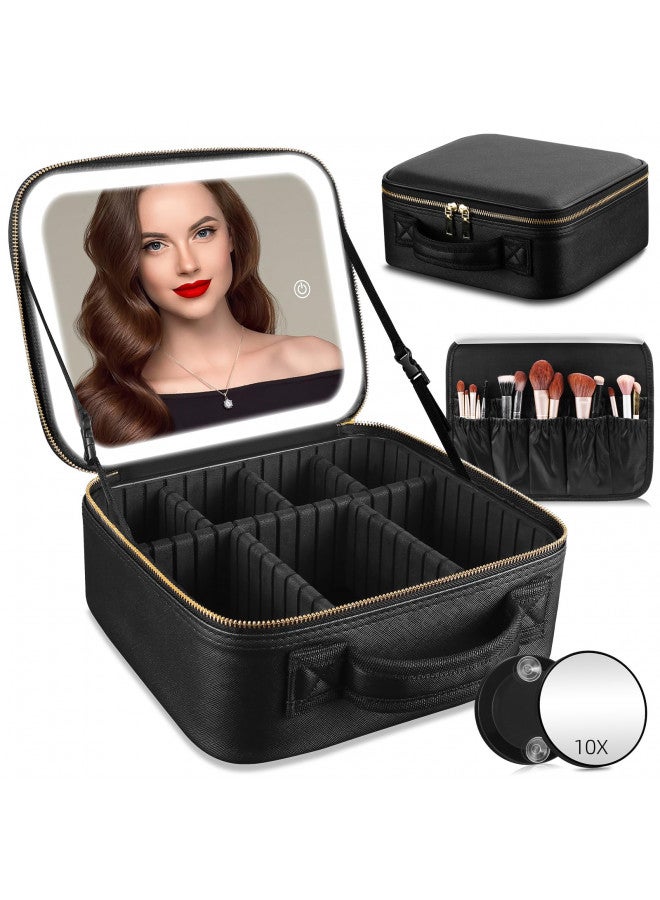 RRtide RRtide Travel Makeup Bag with Mirror of LED Lighted, Makeup Train Case with Adjustable Dividers, Makeup Case with Mirror and Detachable 10x Magnifying Mirror - Image 1